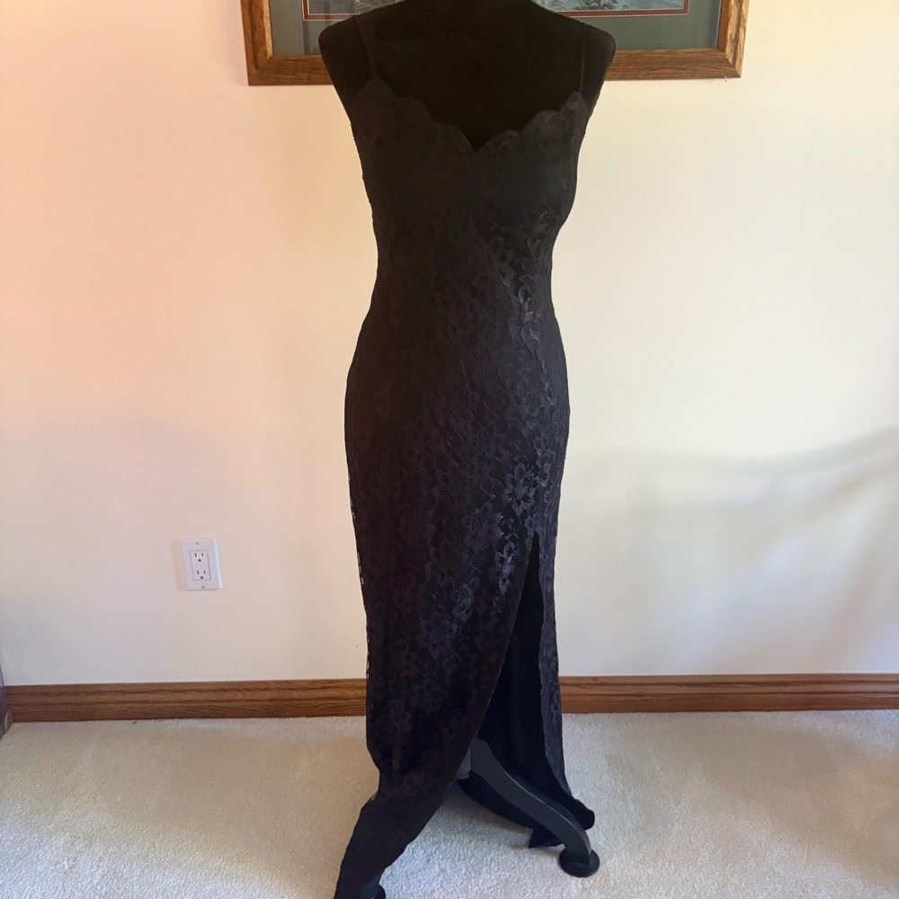 LA GLO Lace Maxi Dress Women 11/12 Black Vintage Formal Gown Front Slit 90s Prom